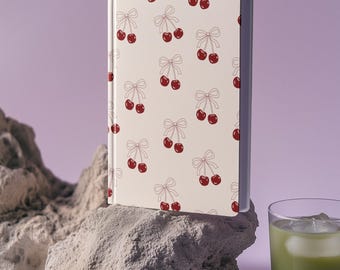 Cuaderno de tapa dura personalizado con cerezas, bonito cuaderno, regalo para estudiantes, regalo para amantes de los libros, cinta con estampado de cerezas.