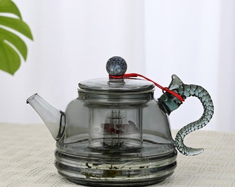 Dragon handle glass teapot, gray glass teapot, steam and boil all in one teapot, stove safe teapot, gift for her