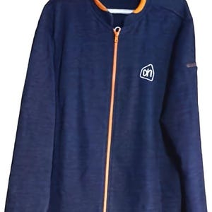May include: A navy blue fleece jacket with an orange zipper and a white logo that says "ON" on the left chest.