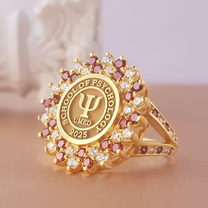 Gold Psychology Class Ring - Graduation Ring with Ruby & Clear Stones – Custom Year / Emblem
