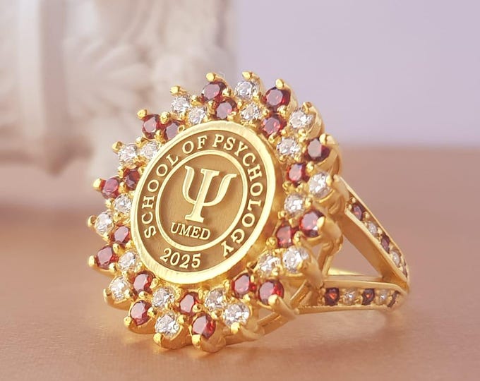 Gold Psychology Class Ring - Graduation Ring with Ruby & Clear Stones – Custom Year / Emblem