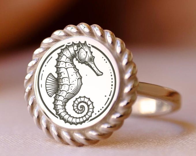 Seahorse Signet Ring, Gold Plated Minimalist Ocean Jewelry, Nautical Gift for Her, Handmade 925 Silver Ring, Symbol of Strength & Grace