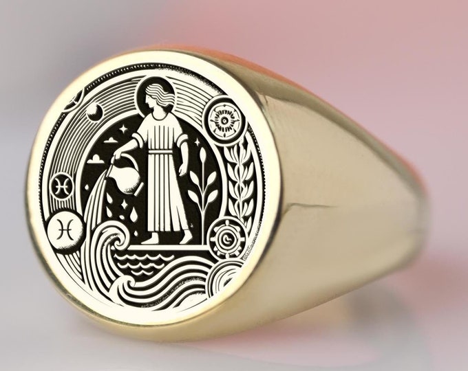 Aquarius Zodiac Signet Ring: Sterling Silver Astrology Gift