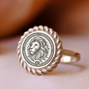 Leo Zodiac Signet Ring: Engraved Lion, Sterling Silver Astrology Jewelry