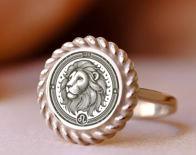 Leo Zodiac Signet Ring: Engraved Lion, Sterling Silver Astrology Jewelry