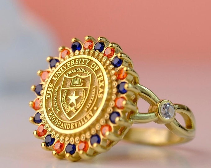2025 Graduation Ring with Custom Crest | Dual-Tone CZ College Gift | Gold Vermeil Academic Class Ring for Her