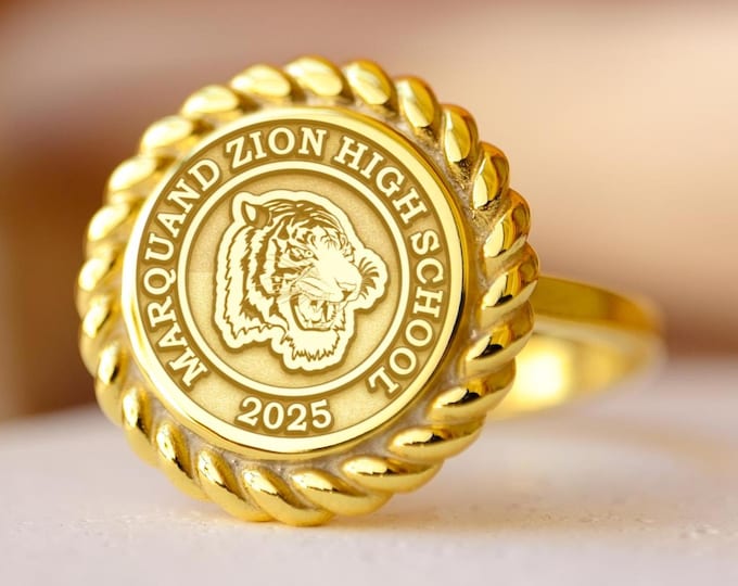 Custom High-School Crest Ring, Gold 2025 Class Jewelry w/ Mascot, 925 Senior Gift, Personalized Tiger Graduation Signet for Teens & Parents