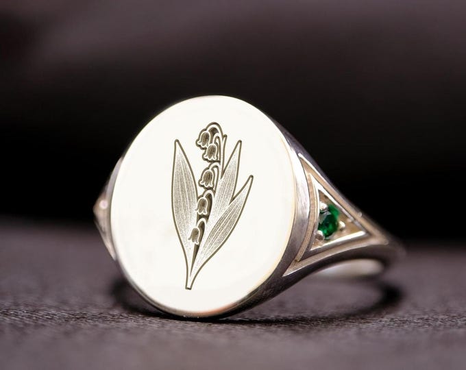 Chrysanthemum Signet Ring: November Birth Flower, Green CZ Accent
