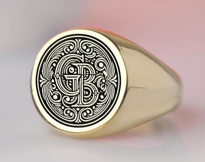 Personalized Monogram Signet Ring: Engraved Sterling Silver & Gold