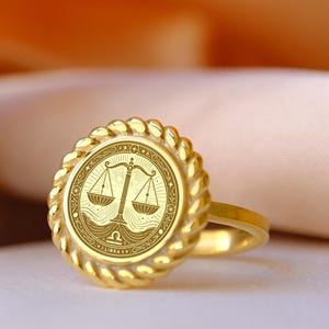 Gold Plated Libra Signet Ring: Hand Engraved Sterling Silver Astrology Jewelry