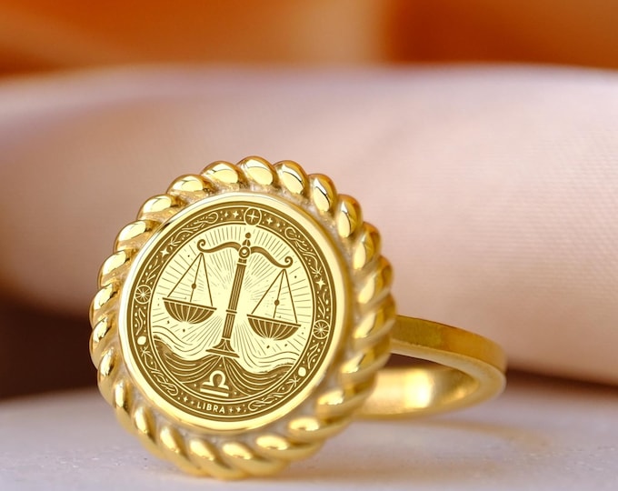 Gold Plated Libra Signet Ring: Hand Engraved Sterling Silver Astrology Jewelry