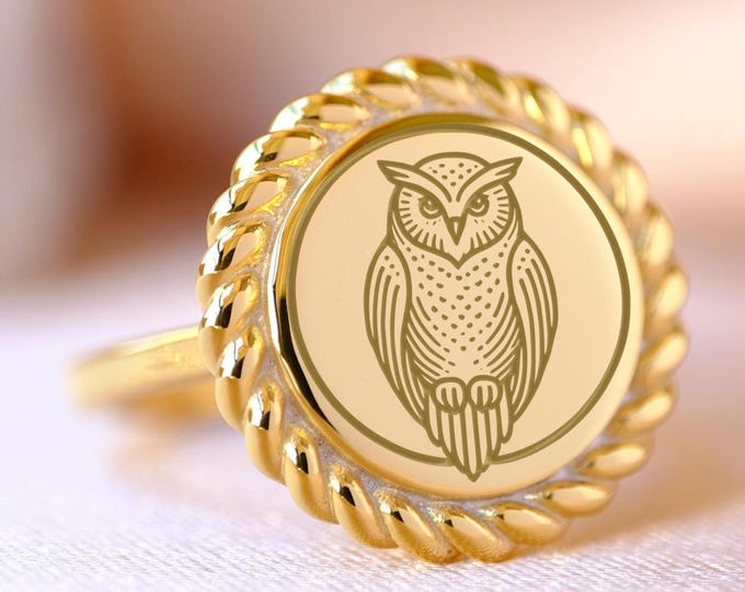 Gold Owl Signet Ring: 925 Sterling Silver, Symbolic Jewelry