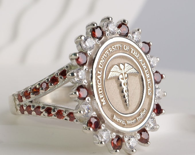 Custom University Ring: Solid Gold & Sterling Silver, Zircon Gemstones
