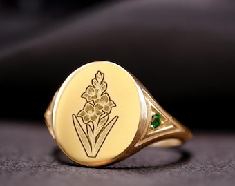 Gladiolus 925 Sterling Signet Ring: August Birth Flower, Custom Engraving