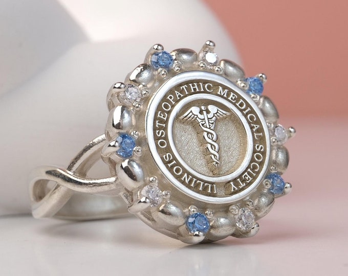 Medical Society Ring – Custom 925 Silver DO Physician Ring with Caduceus – Graduation or Doctor Gift – Blue CZ Accent