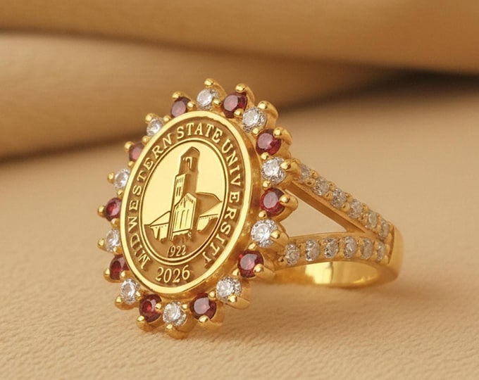 2026 Graduation Signet Ring | Garnet & Diamond Halo, Custom College Jewelry