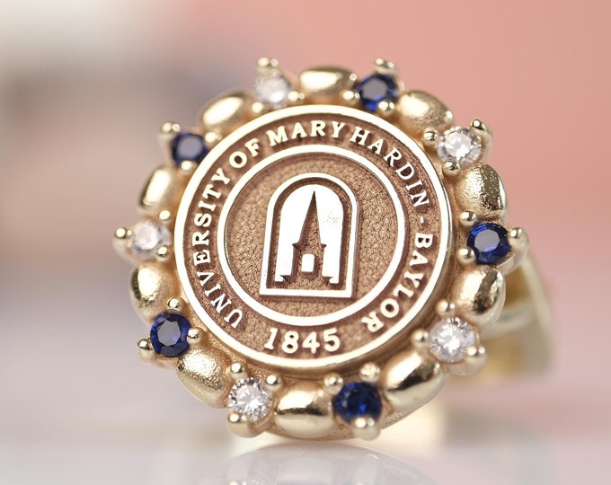 14K Solid Gold University Crest Ring: Custom Graduation Signet