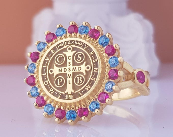 Gold St Benedict Medal Ring: Ruby & Topaz CZ, 925 Silver Faith Jewelry