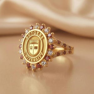 Gold Crest Class Ring • University Alumni Ring with White CZ • Custom Grad Gift 2026