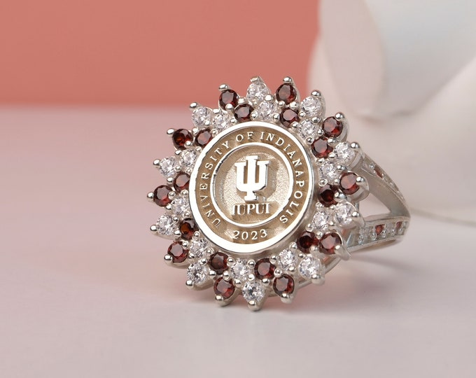 Sterling Silver Graduation Ring: Garnet & Crystal Halo, Class of 2025