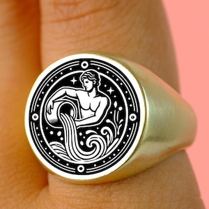 Minimalist Aquarius Signet Ring: Engraved Sterling Silver Horoscope Jewelry