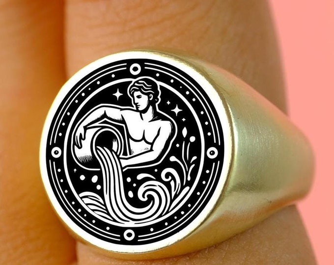 Minimalist Aquarius Signet Ring: Engraved Sterling Silver Horoscope Jewelry