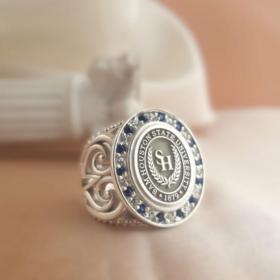 Custom Graduation Crest Ring – Sterling Silver Class Ring with Blue CZ