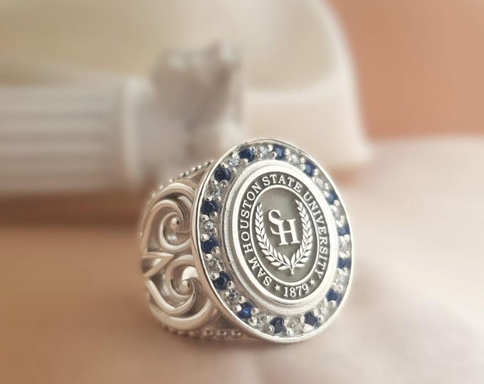 Custom Graduation Crest Ring – Sterling Silver Class Ring with Blue CZ