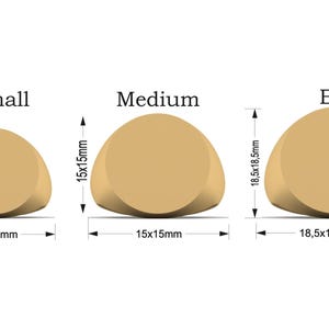 May include: Three gold-colored signet rings labeled Small, Medium, and Big. The Small ring measures 12x12mm, the Medium ring measures 15x15mm, and the Big ring measures 18.5x18.5mm. Each ring is shown with its specific dimensions indicated by arrows.