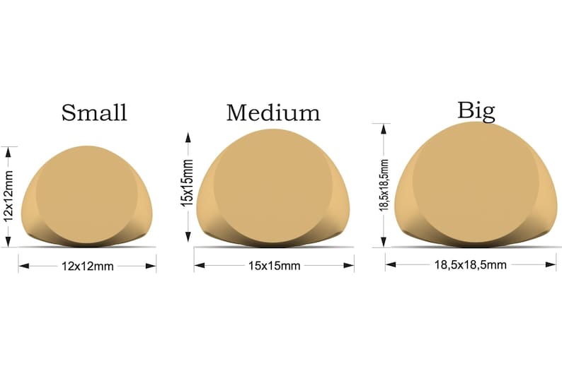 May include: Three gold-colored signet rings labeled Small, Medium, and Big. The Small ring measures 12x12mm, the Medium ring measures 15x15mm, and the Big ring measures 18.5x18.5mm. Each ring is shown with its specific dimensions indicated by arrows.