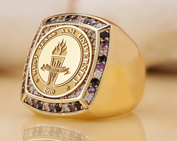Custom Stone Graduation Signet Ring: Personalized Sterling Silver Class Ring