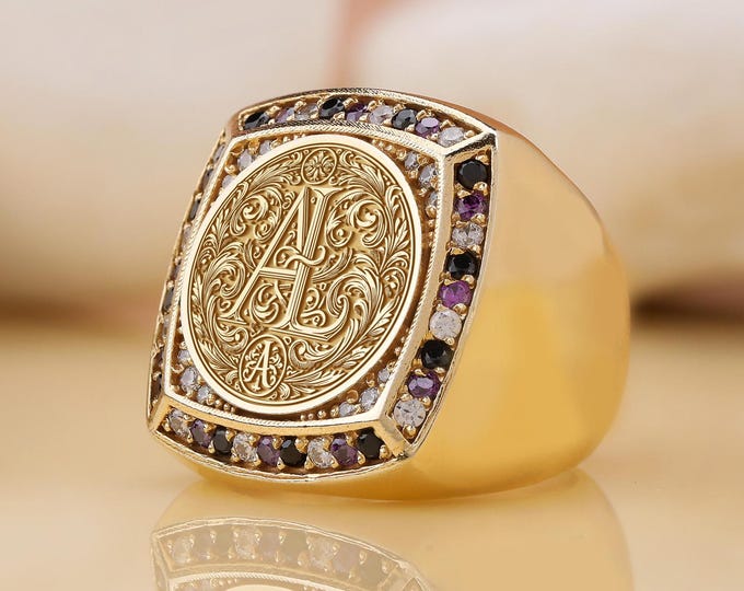 Victorian Monogram Signet Ring: Engraved Sterling Silver, Custom Stone