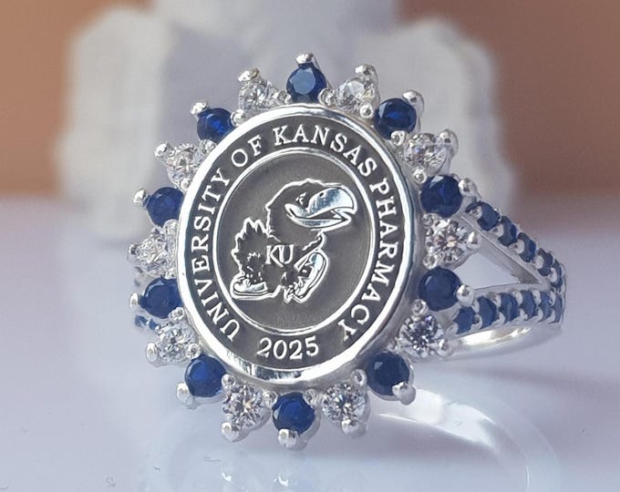 Pharmacy School Crest Ring,  Jayhawk Halo in 925 Silver, Blue & White Gem Statement, 2025 PharmD Graduation Gift for Future Pharmacist