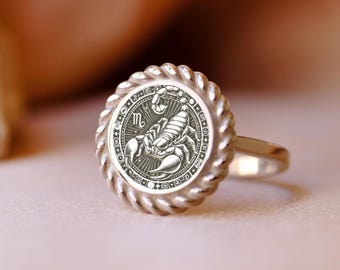 Scorpio Signet Ring: Hand-Engraved 925 Sterling Silver Astrology Jewelry