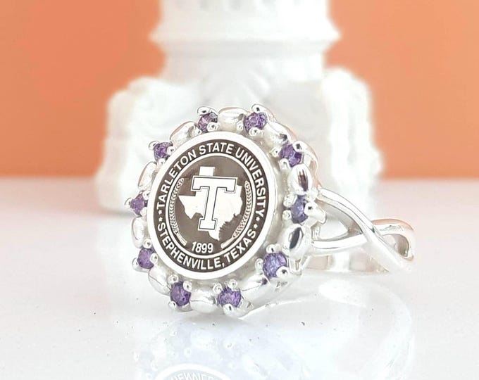 Customizable Sterling Silver University Ring: Red CZ Graduation Jewelry