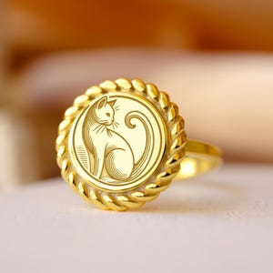 Gold Cat Ring: Engraved Feline Jewelry, Animal Lover Gift