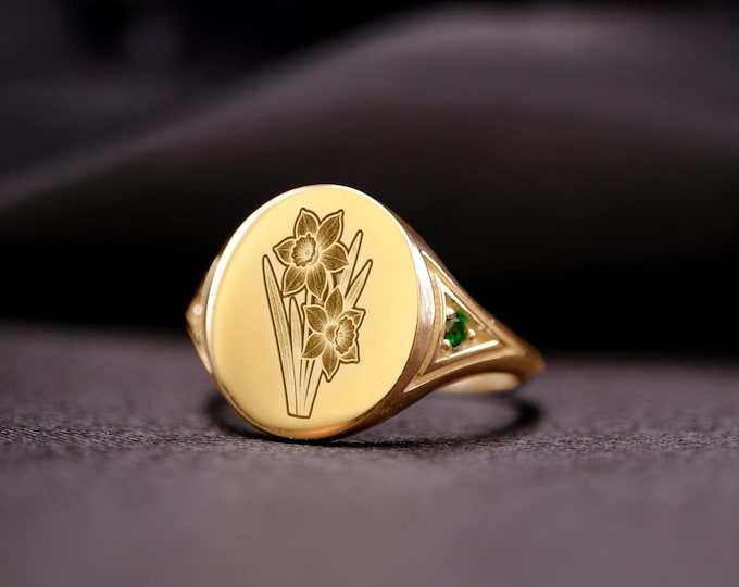 Daffodil Signet Ring: March Birth Flower, Gold Vermeil, Custom Engraved