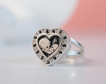 Gothic Skull Couple Ring • Heart Shaped Love Ring • Gothic Valentine’s Gift • Alt Engagement Jewelry • Dark Romance Ring