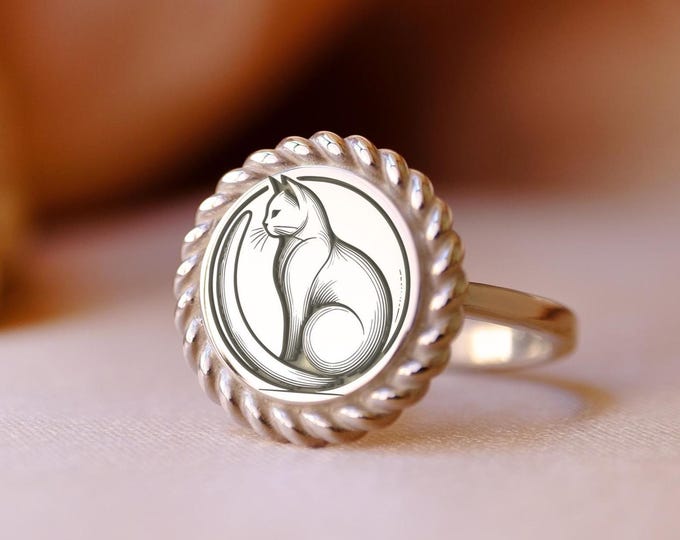 Minimalist Cat Signet Ring: Engraved Sterling Silver Feline Jewelry