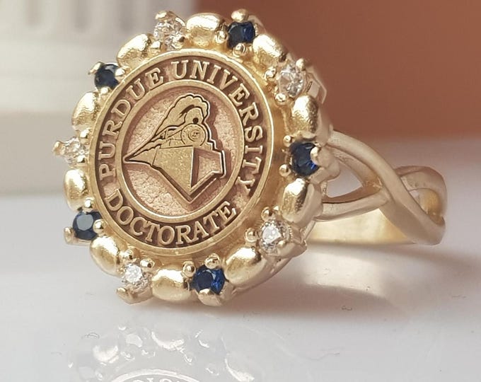 Customizable Solid Gold Graduation Ring: Gemstone Halo Class Ring