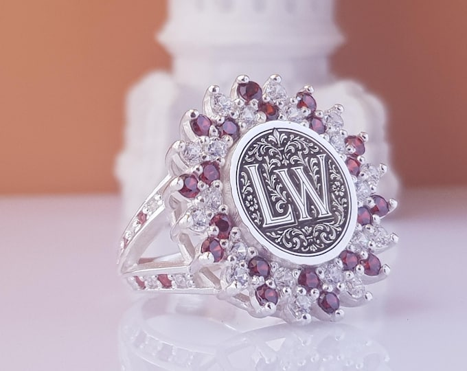 Custom Monogram Garnet Halo Ring: Sterling Silver Victorian Initial Jewelry