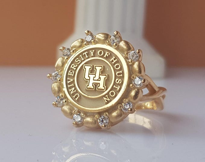 Gold Crest Class Ring • University Alumni Ring with White CZ • Custom Grad Gift 2026