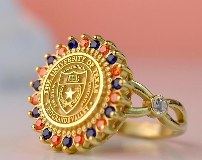 Custom Crest Gold Vermeil 2025 Graduation Ring | CZ College Gift