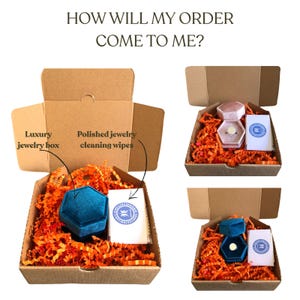 May include: A brown cardboard shipping box filled with orange paper shred, containing a blue velvet hexagonal jewelry box and a white card labeled Polished jewelry cleaning wipes. The text HOW WILL MY ORDER COME TO ME? is at the top.