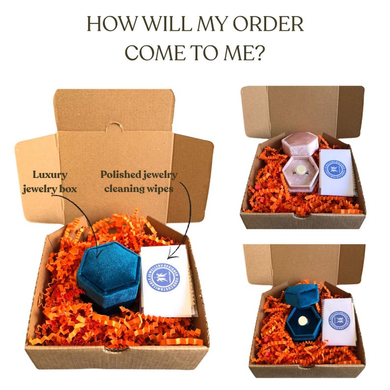 May include: A brown cardboard shipping box filled with orange paper shred, containing a blue velvet hexagonal jewelry box and a white card labeled Polished jewelry cleaning wipes. The text HOW WILL MY ORDER COME TO ME? is at the top.