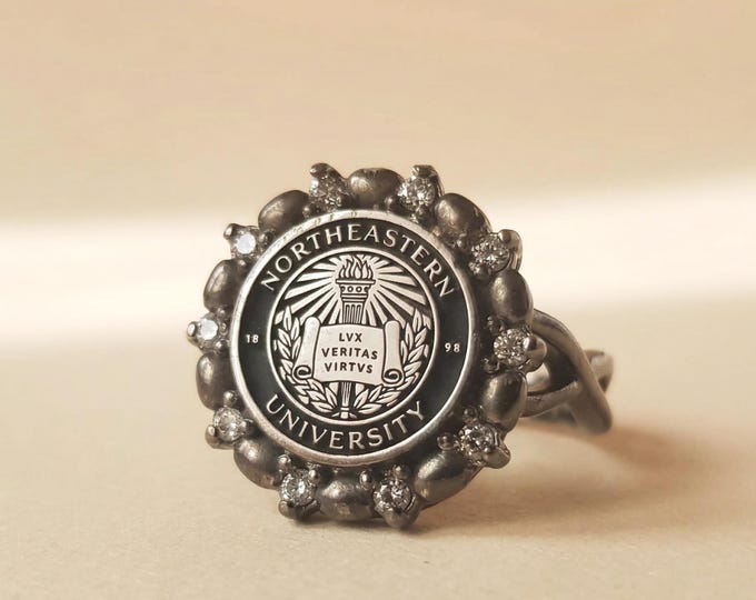 Black Rhodium Dark Academia Signet Ring | Personalized Vintage Gothic Graduation Ring