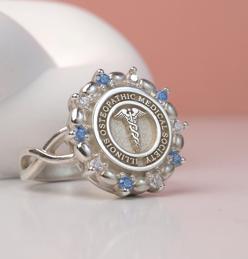 925 Sterling Silver Medical Society Ring – Caduceus, Blue CZ Accent - Etsy