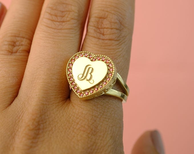 Personalized Gold Heart Ring: Custom Monogram Stone