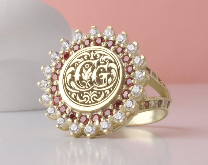 Gold Monogram Ring: Garnet & Diamond Accent, Designer Jewelry