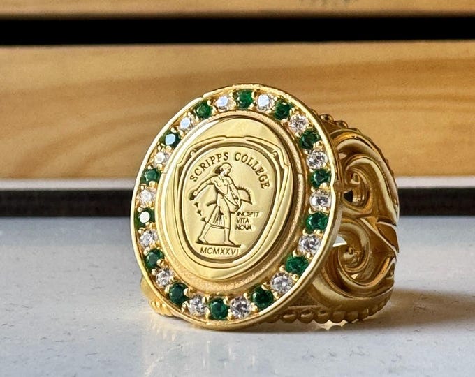 Gold College Ring with Emerald Halo • Graduation Class Ring for Women • Elegant Scroll Band Grad Jewelry • 2024 Gift for Her